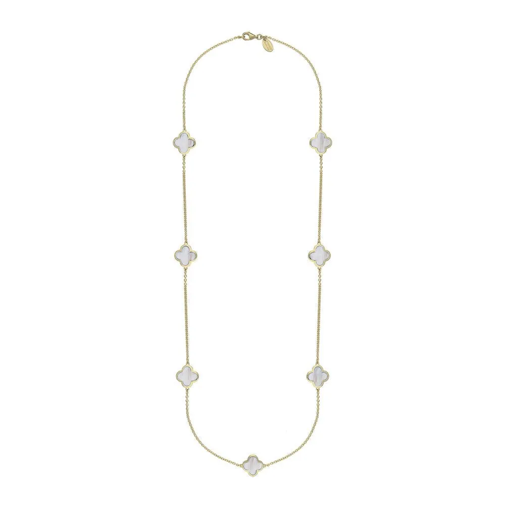 9ct Yellow Gold White Mother of Pearl Bloom Four Leaf Clover Long Necklace