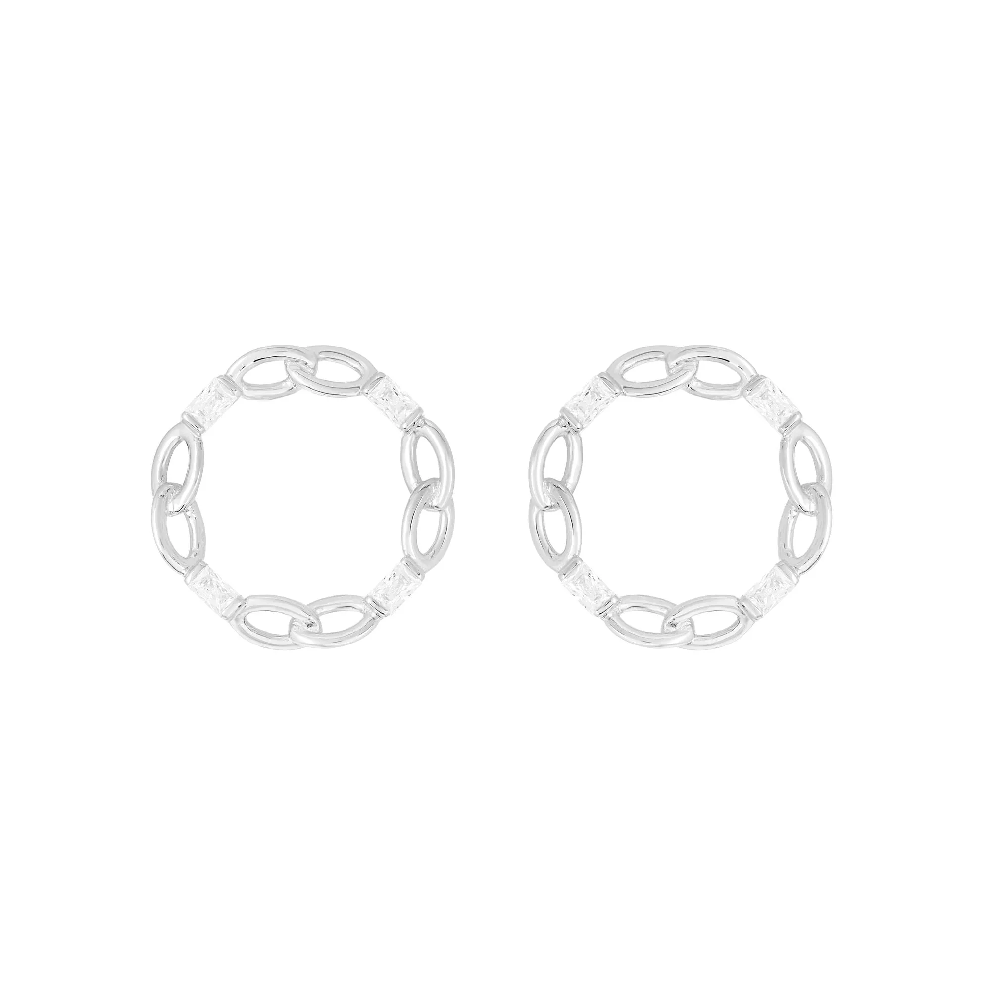 Baguette Circle White Rhodium on Silver Earrings w. Zirconia
