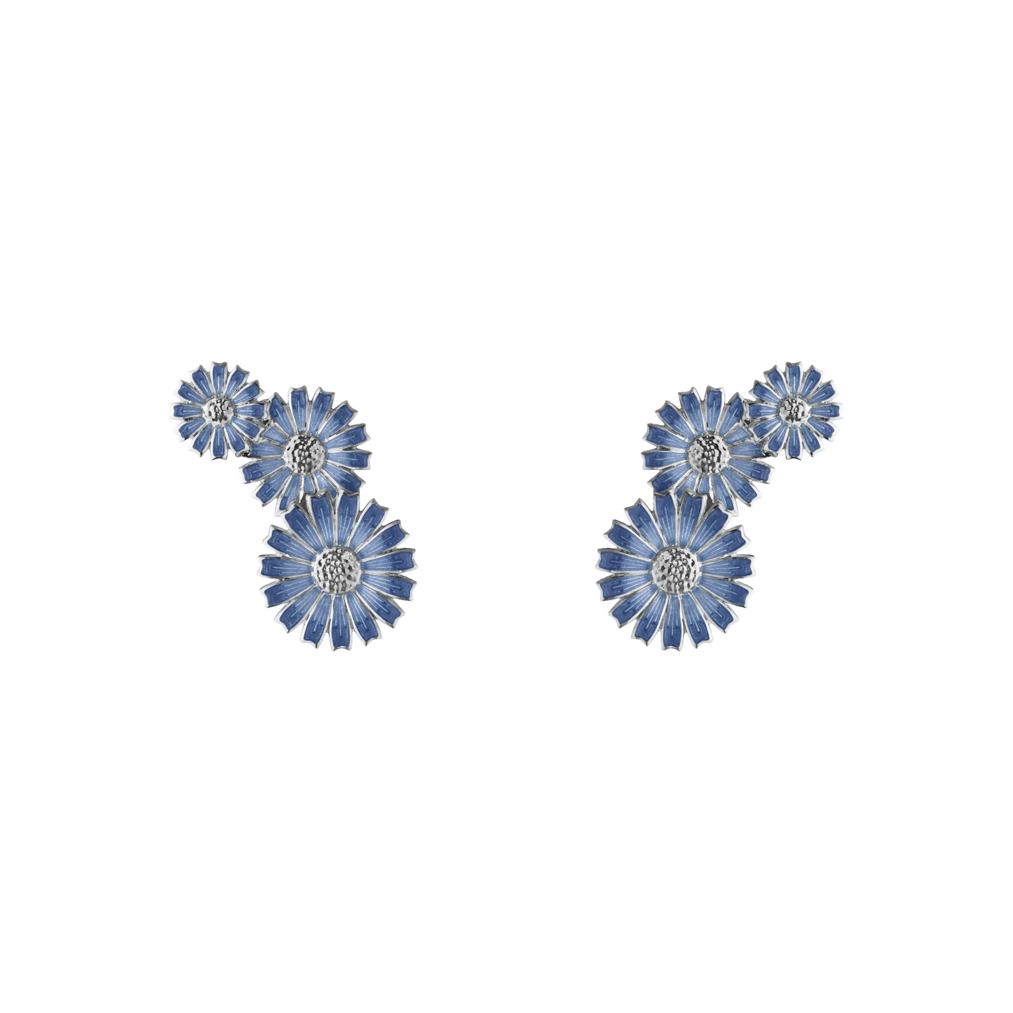 Daisy 3 Flower Layered Silver Earrings w. Blue Enamel