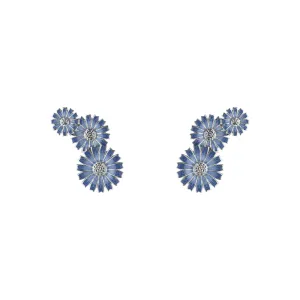 Daisy 3 Flower Layered Silver Earrings w. Blue Enamel