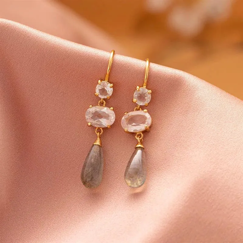 Drop 18K Gold Plated Earrings w. Quartz & Labradorite