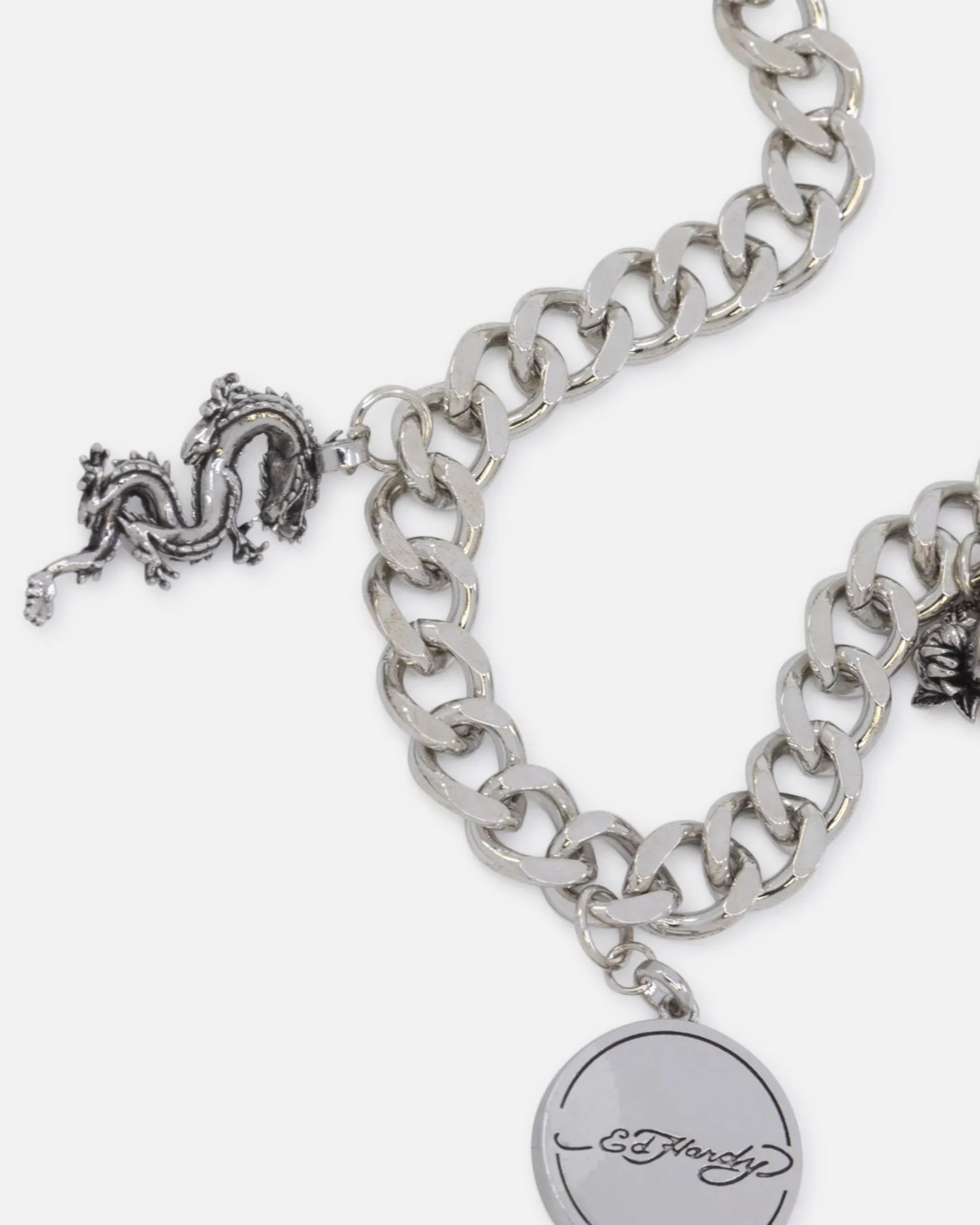 Ed Hardy Multi Charm Cuban Chain Necklace Silver