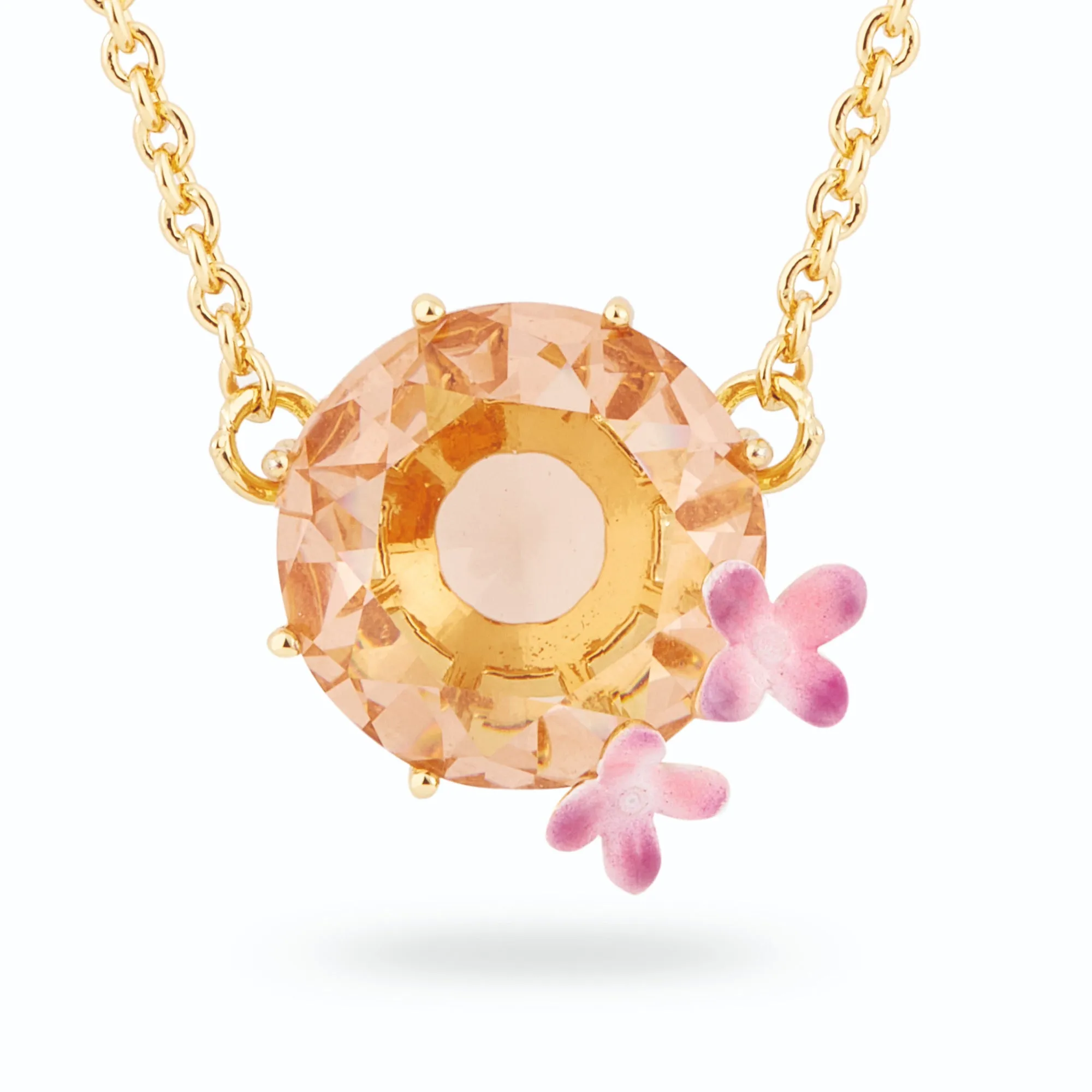 Les Nereides Apricot Peach Diamantine Flower and Round Stone Necklace
