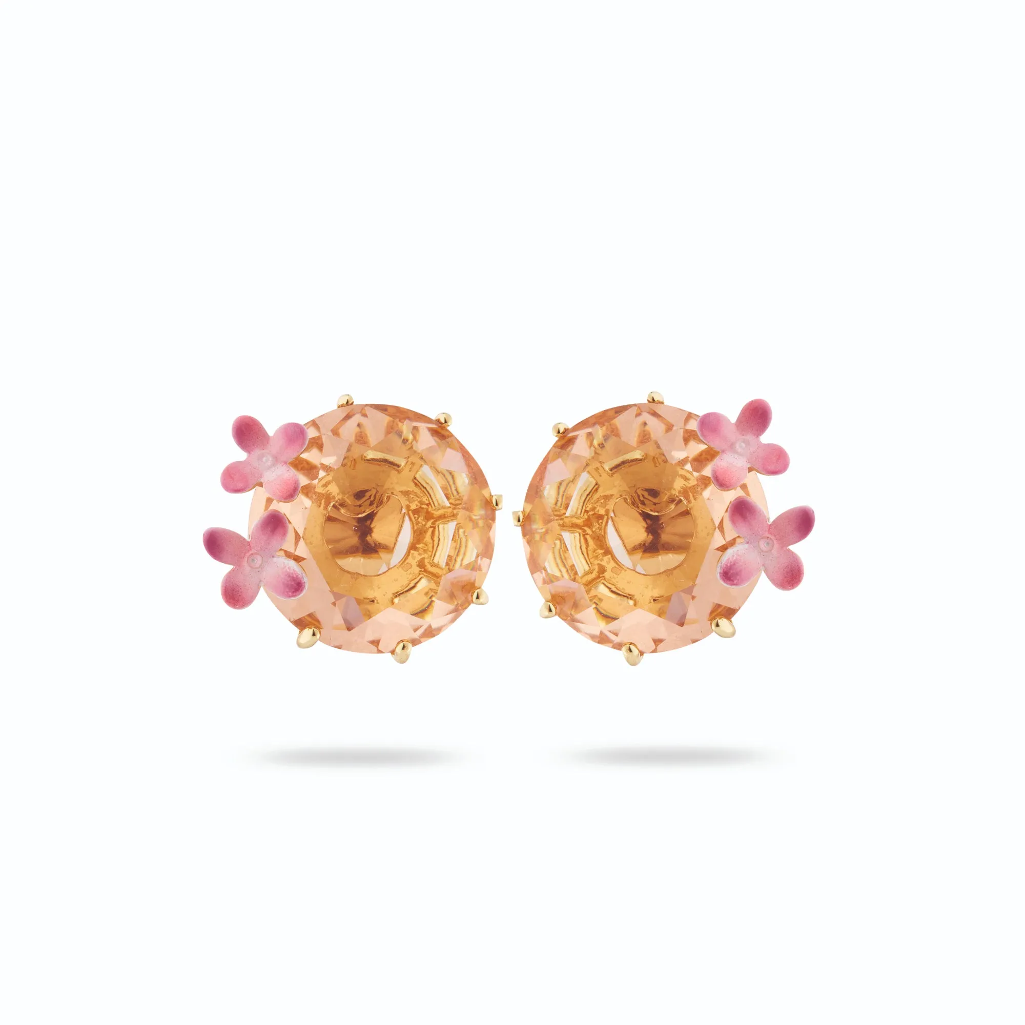 Les Nereides Apricot Peach Diamantine Flower and Round Stone Post Earrings