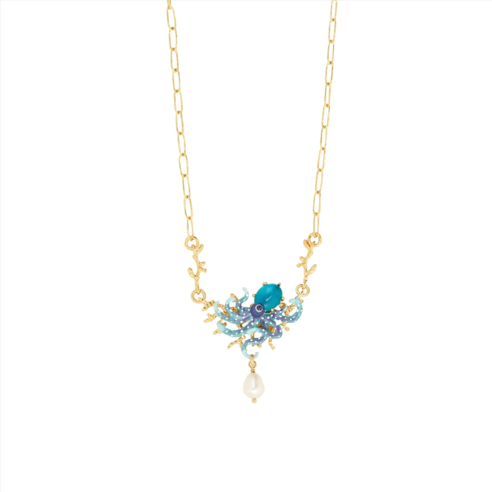 Les Nereides Blue octopus, cut glass blue stone and pearl bead Necklace