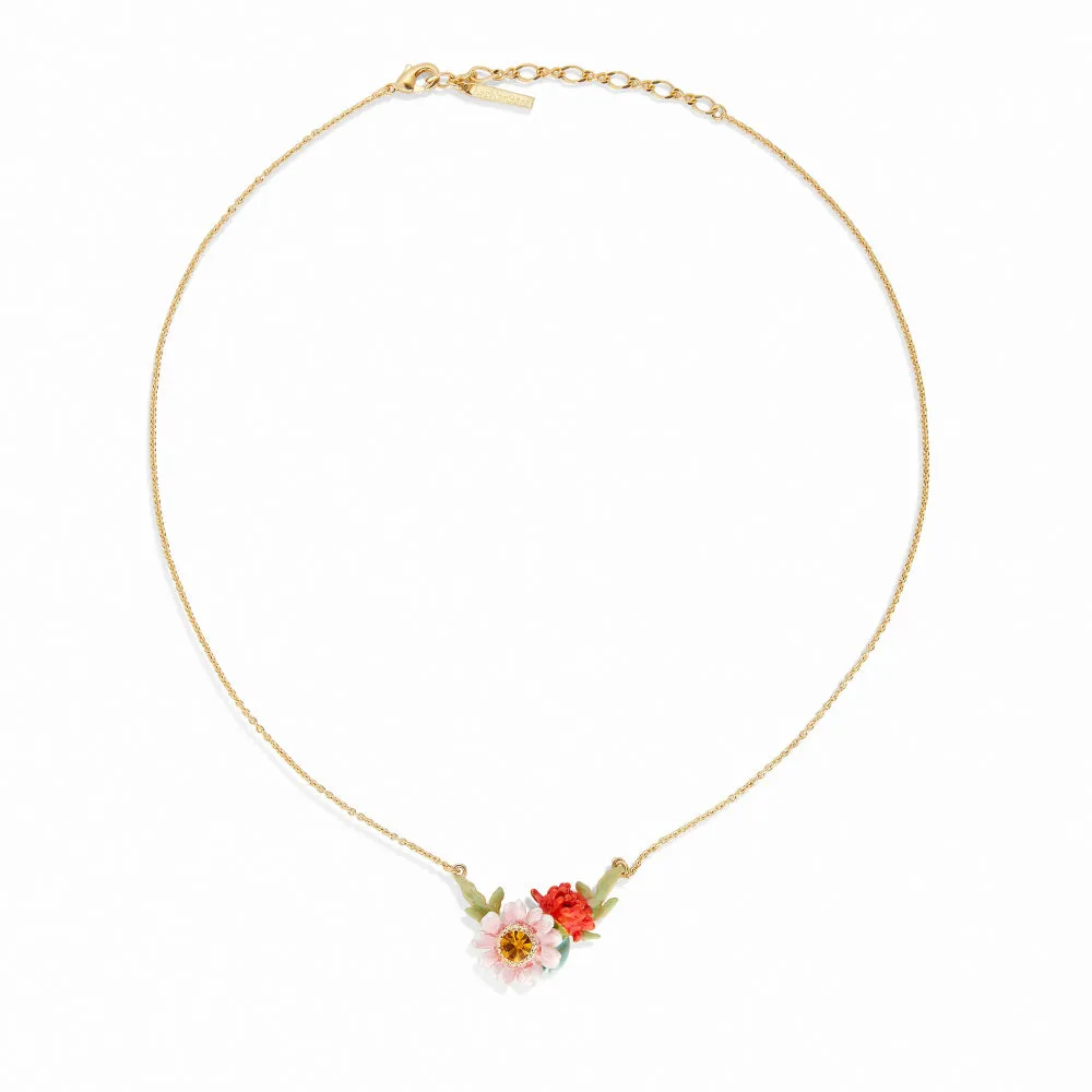 Les Nereides Red Dahlia And Pink Meadow Flower Pendant Necklace