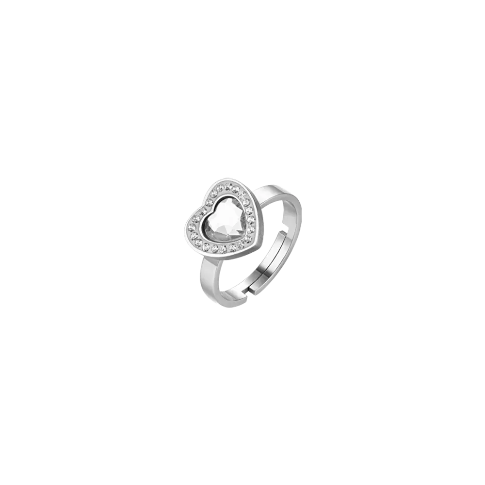 Luca Barra Ladies Steel Ring with White Crystal Heart and White Crystals