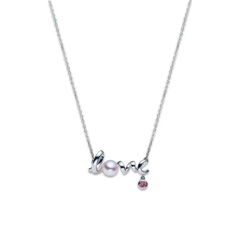 Mikimoto 18ct White Gold White Akoya Pearl and Diamond 'Love' Necklace
