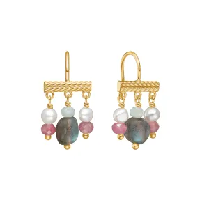 Mirage 18K Gold Plated Earrings w. Hanging Mixed Stones