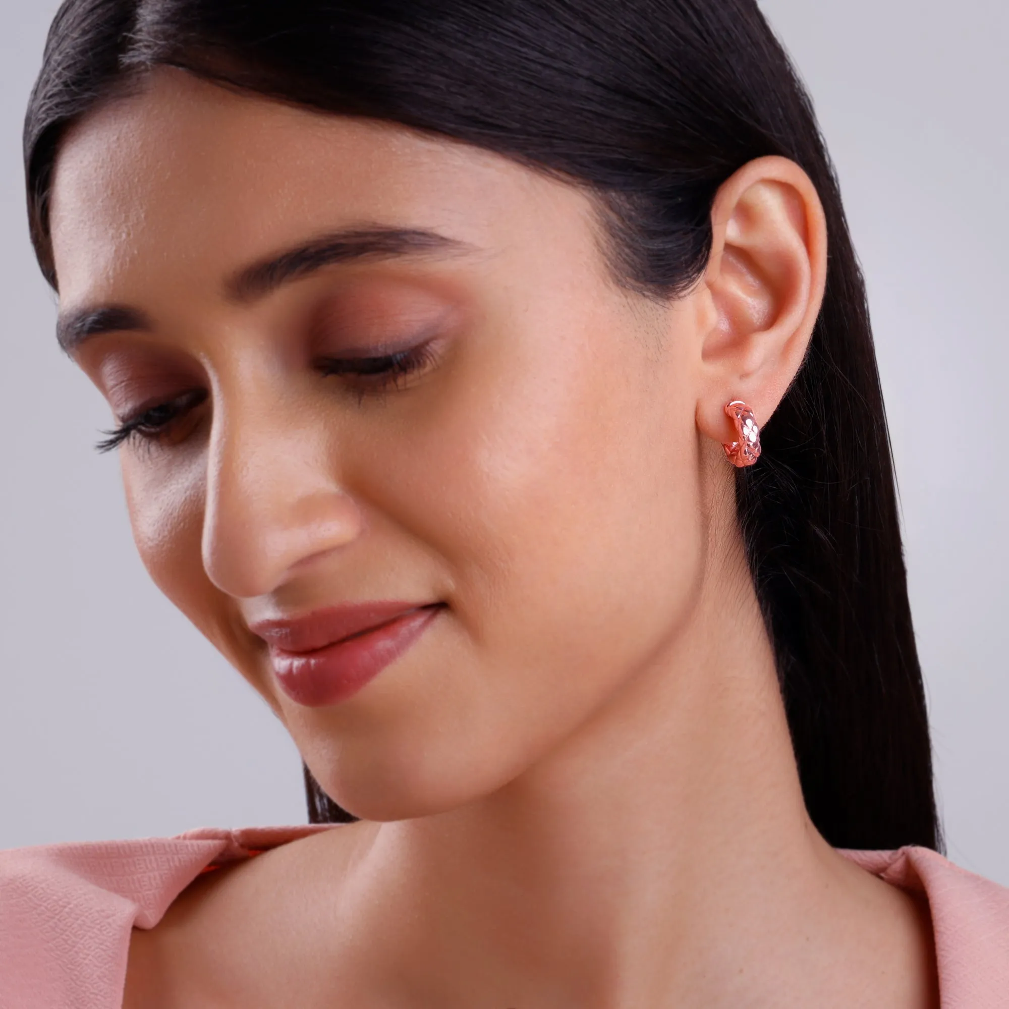 Rose Gold Chequred J Stud Earrings Giva