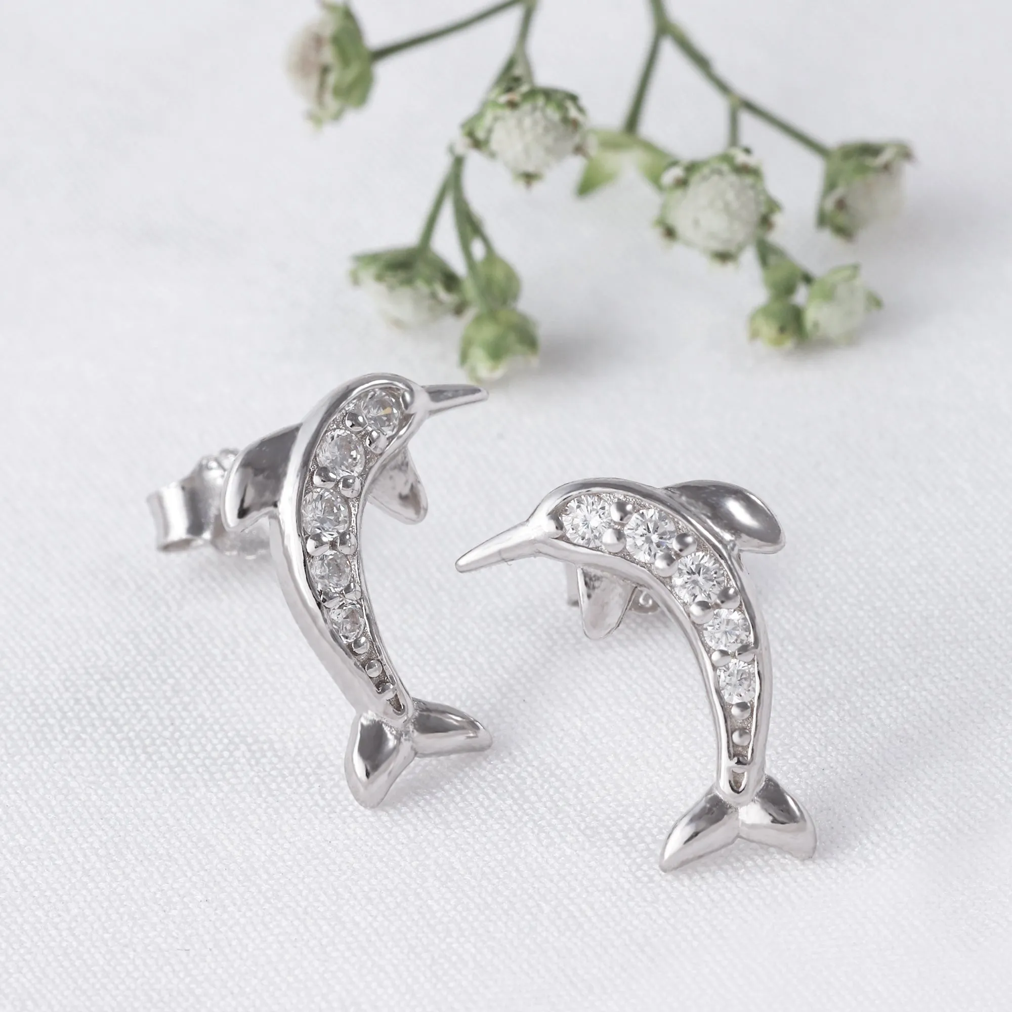 Silver Zircon Dolphin Stud Earrings Giva