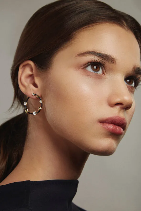Star and Crystal Black Gold Plated Earrings w. Crystal