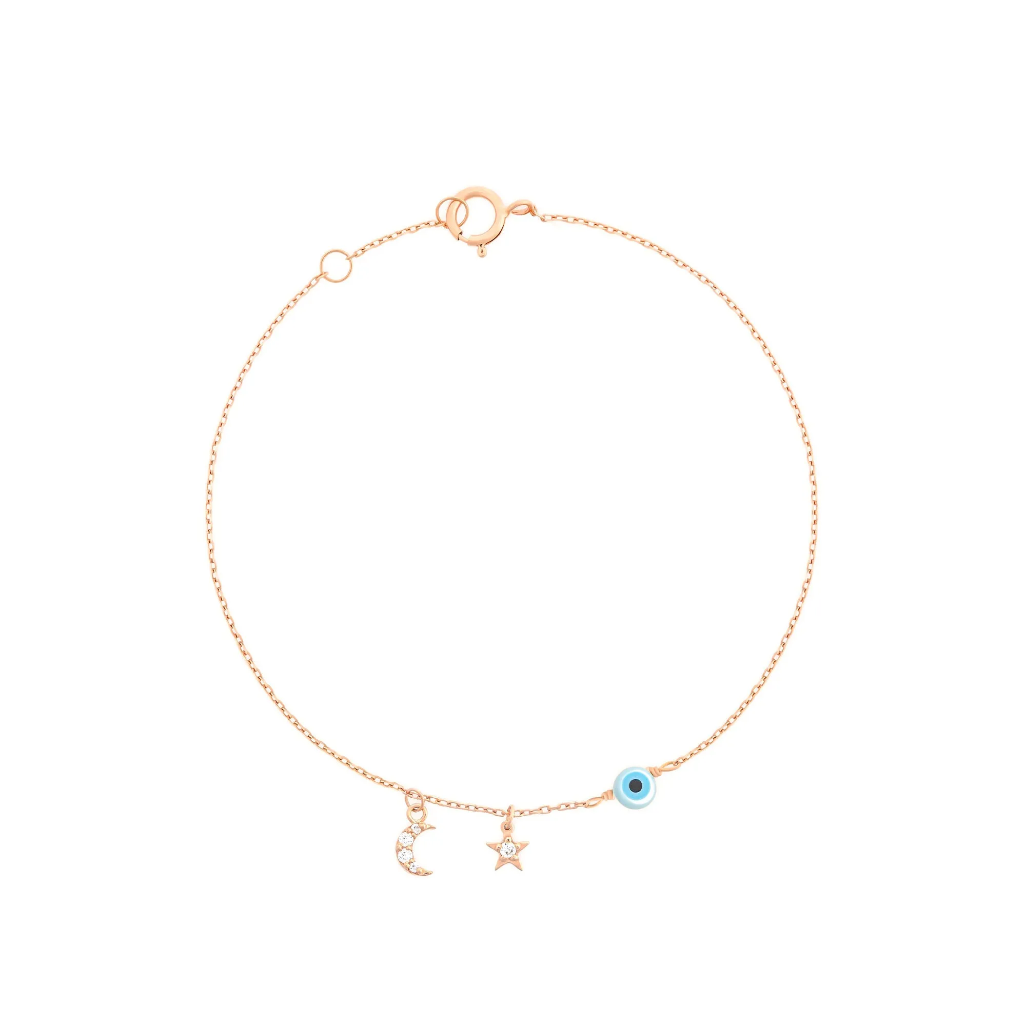 Star Evil Eye Half Moon 18K Rose Gold Bracelet w. Diamonds