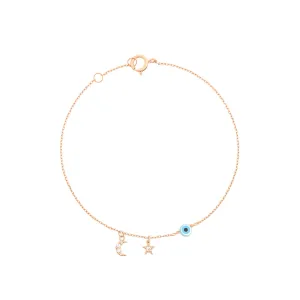 Star Evil Eye Half Moon 18K Rose Gold Bracelet w. Diamonds