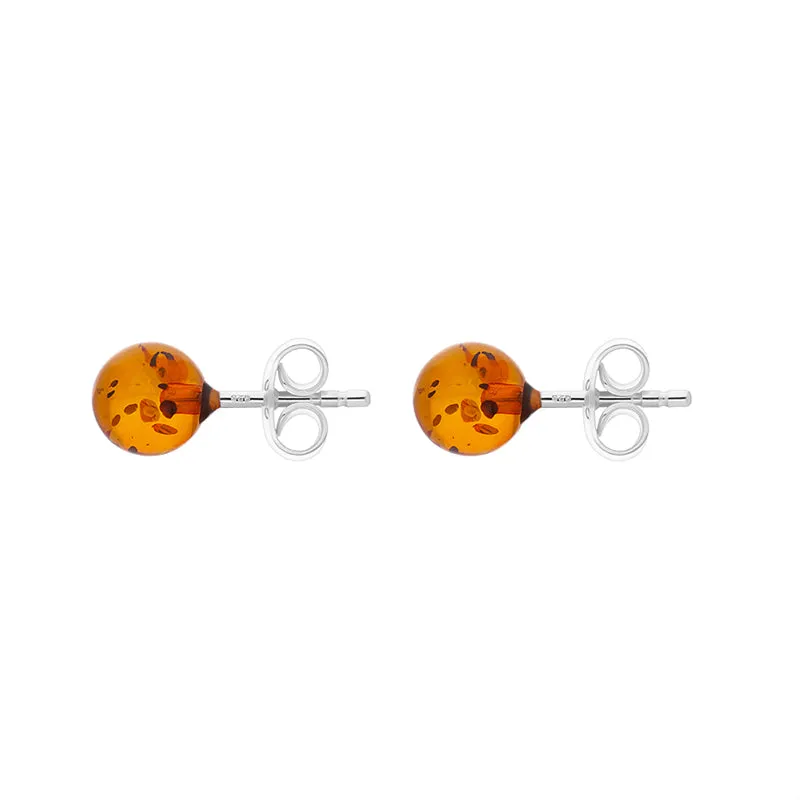 Sterling Silver Amber 6mm Round Stud Earrings Free Gift