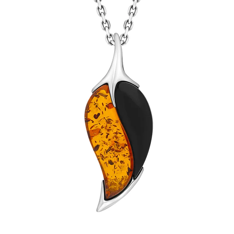 Sterling Silver Amber Whitby Jet Double Stone Leaf Necklace