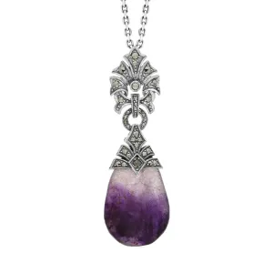Sterling Silver Blue John Marcasite Ornate Bail Pendant Necklace