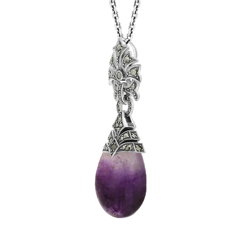 Sterling Silver Blue John Marcasite Ornate Bail Pendant Necklace