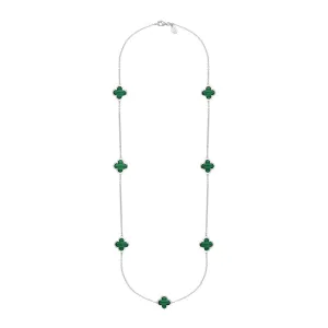 Sterling Silver Malachite Bloom Four Leaf Clover Long Necklace