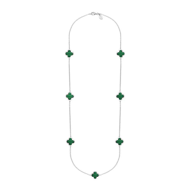 Sterling Silver Malachite Bloom Four Leaf Clover Long Necklace