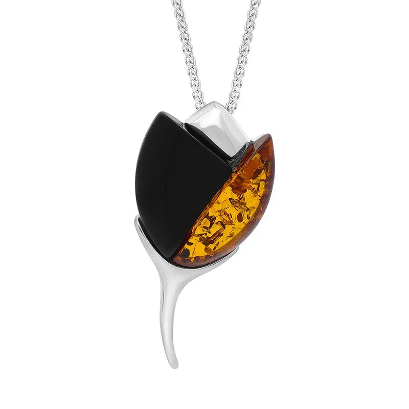 Sterling Silver Whitby Jet Amber 2 Stone Leaf Necklace