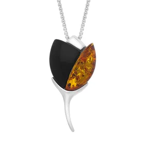 Sterling Silver Whitby Jet Amber 2 Stone Leaf Necklace