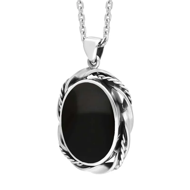 Sterling Silver Whitby Jet Oval Rope Twist Edge Necklace