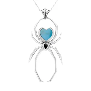 Sterling Silver Whitby Jet Turquoise Spider Pendant Necklace