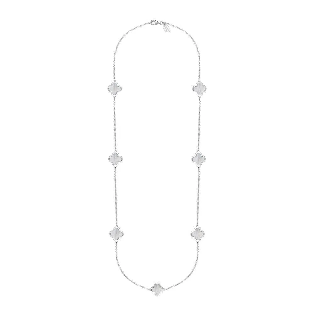 Sterling Silver White Mother of Pearl Bloom Four Leaf Clover Long Necklace