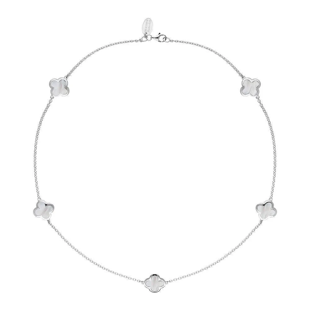 Sterling Silver White Mother of Pearl Bloom Four Leaf Clover Necklace