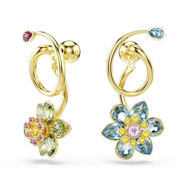 Swarovski Idyllia Drop Earrings Asymmetrical design Mixed cuts Flower Multicolored Gold-tone plated