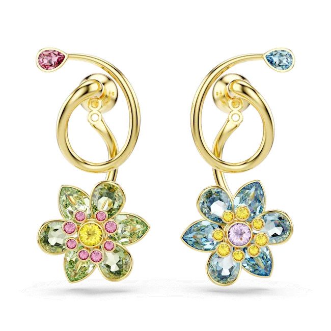 Swarovski Idyllia Drop Earrings Asymmetrical design Mixed cuts Flower Multicolored Gold-tone plated