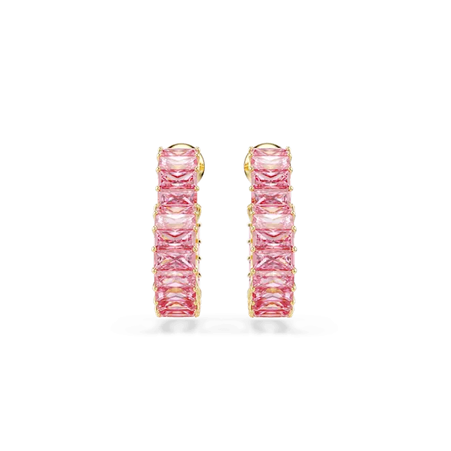 Swarovski Matrix Hoop Earrings Baguette cut Heart Small Pink Gold-tone plated