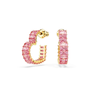 Swarovski Matrix Hoop Earrings Baguette cut Heart Small Pink Gold-tone plated