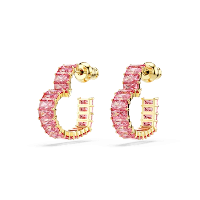 Swarovski Matrix Hoop Earrings Baguette cut Heart Small Pink Gold-tone plated