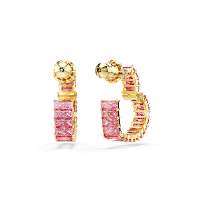 Swarovski Matrix Hoop Earrings Baguette cut Heart Small Pink Gold-tone plated