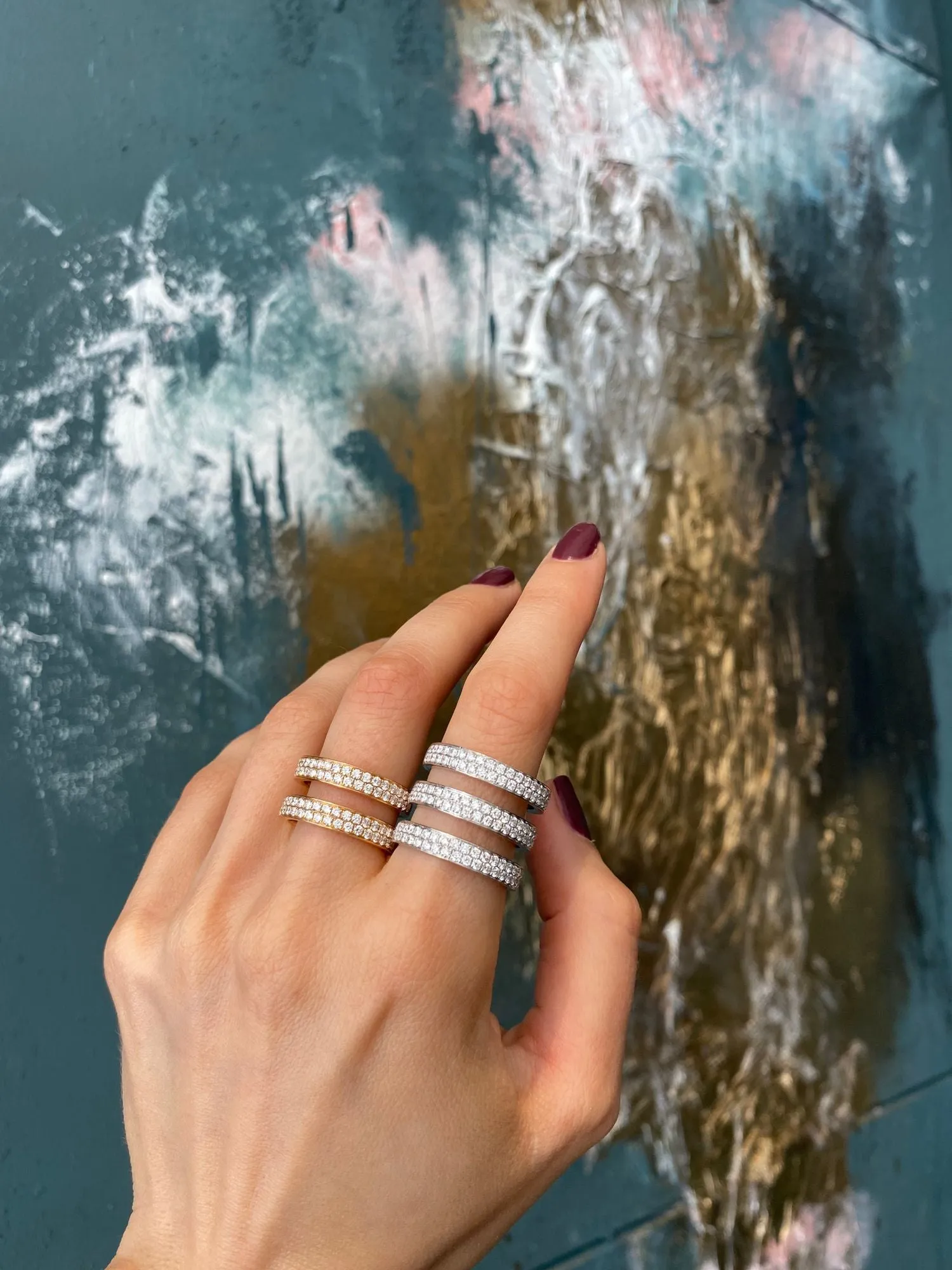 Three Double Row Parallel 18K Gold, Rosegold or Whitegold Ring w. Diamonds