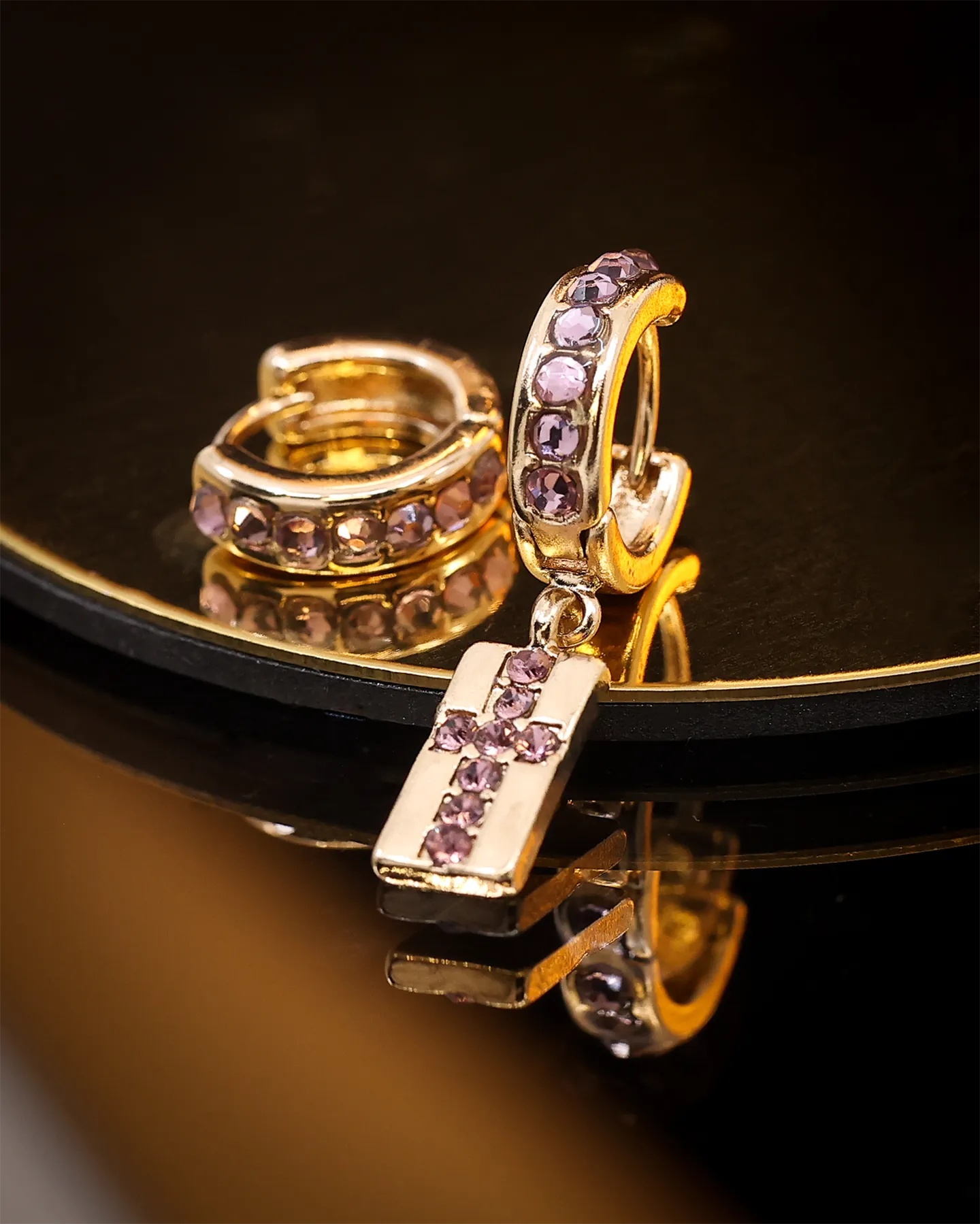 Wild For The Weekend Cross Crystal Hoop and Drop Earrings Gold/Purple