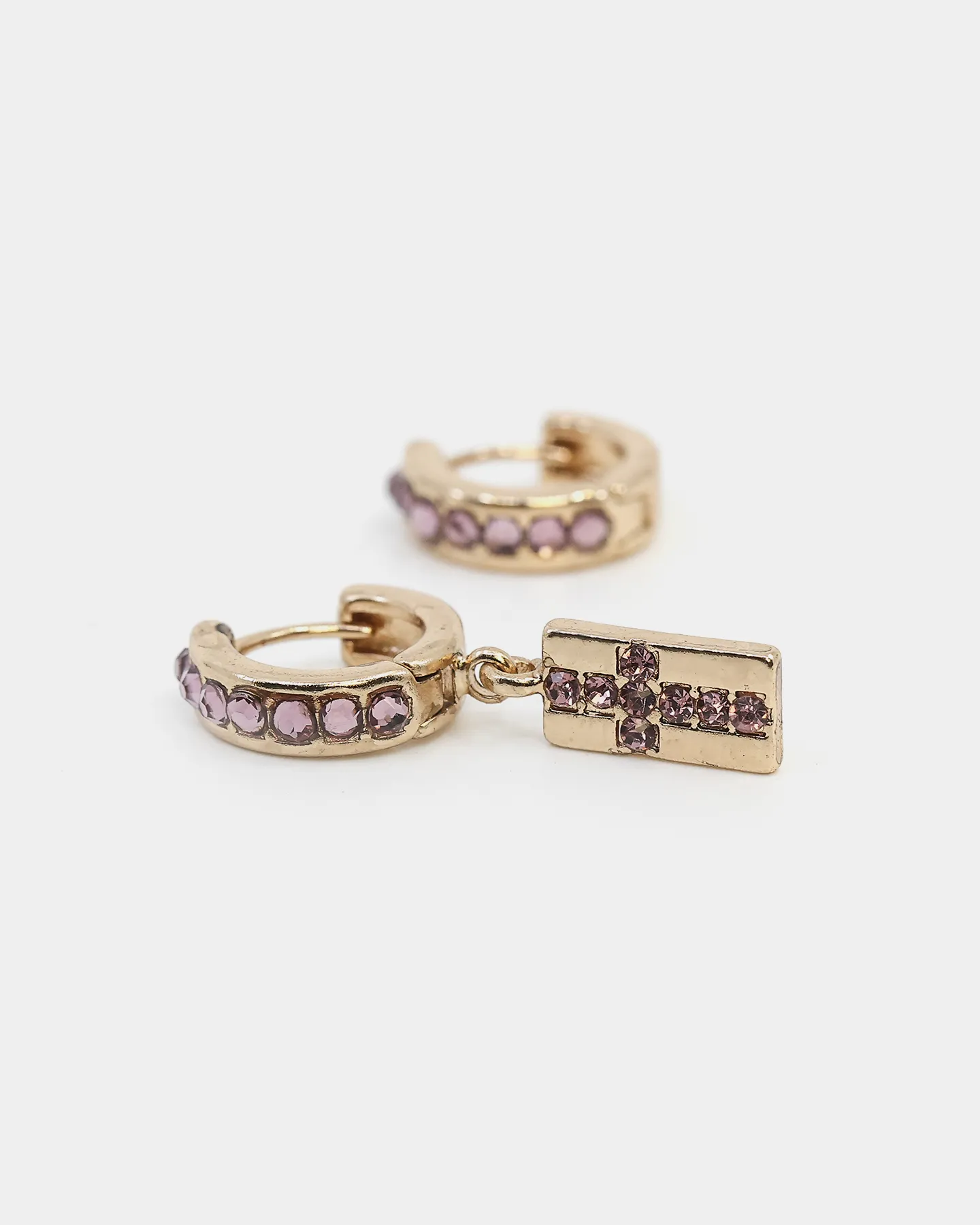 Wild For The Weekend Cross Crystal Hoop and Drop Earrings Gold/Purple